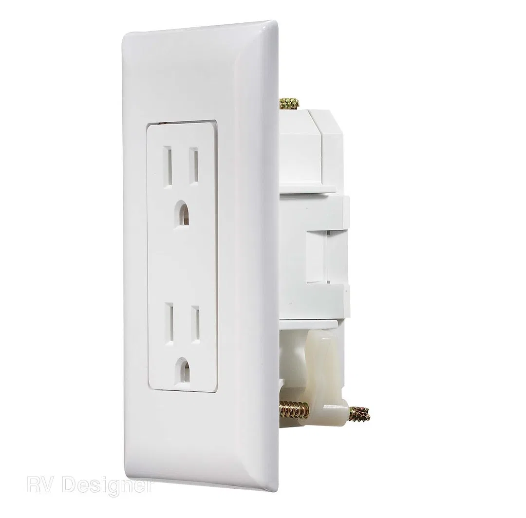 S811 – RV DESIGNER Receptacle, Self Contained 125 Volt AC Non Ground Fault Interrupter Dual Receptacle White With Cov...